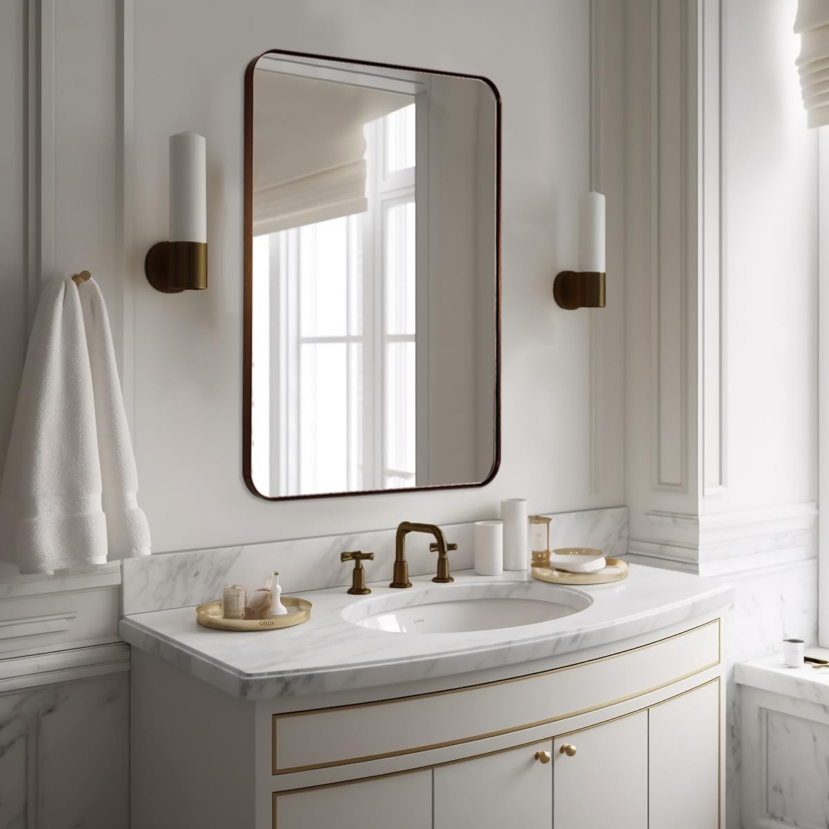 24x36 Inch Brushed Bronze Bathroom Mirror for Wall, Metal Framed Rectangle Mirror with Rounded Corner, Bathroom Vanity Mirror in Aluminum Alloy, Hangs Horizontally or Vertically