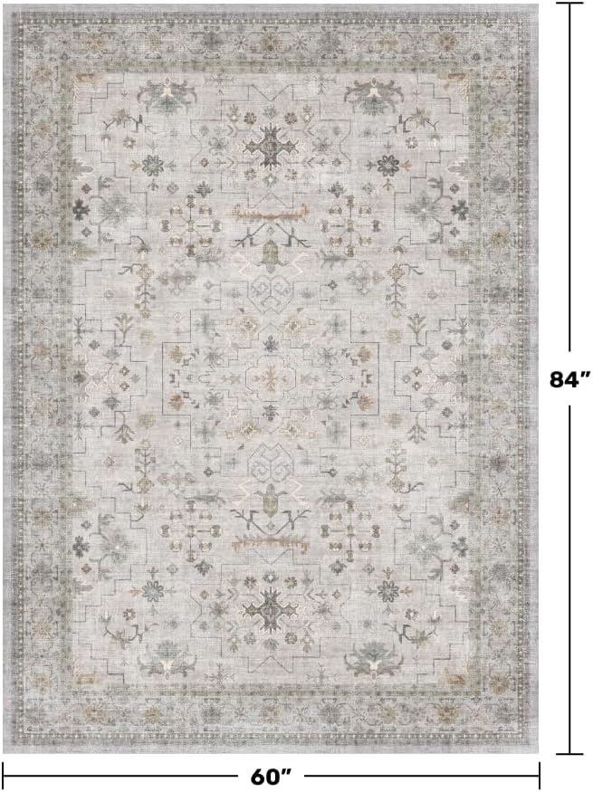 Boho Light Grey 5x7 Living Room Rug - Modern Vintage Eclectic Floral Pastel Neutral Taupe, Washable Low Pile Non-Slip Large Area Rugs for Nursery Dining Under Table Bedroom Lounge