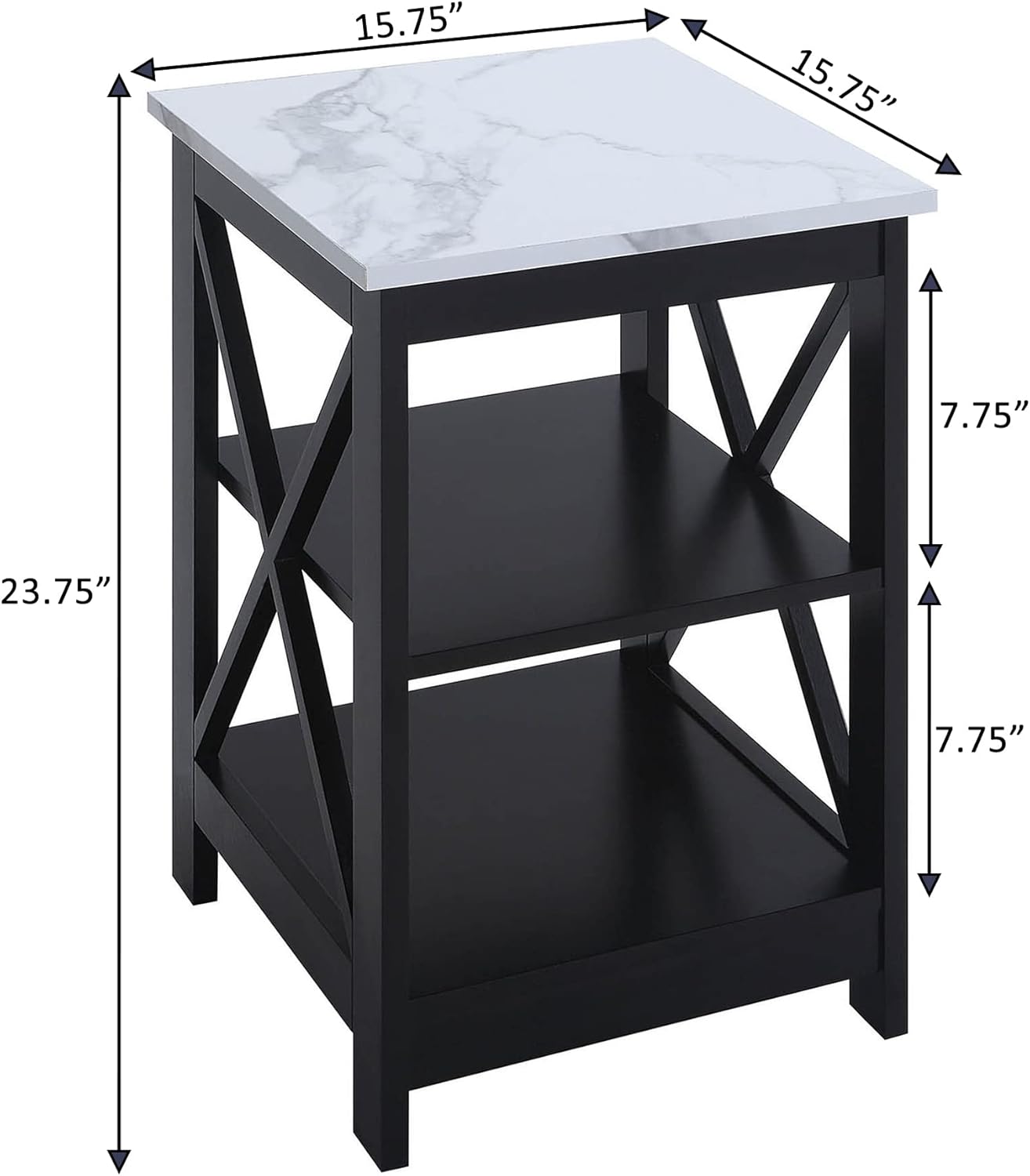 Convenience Concepts Oxford End Table 15.75" - Modern Living Room Table with Storage Shelves, Transitional Nightstand Side Table for Home Decor and Display, White Faux Marble/Black