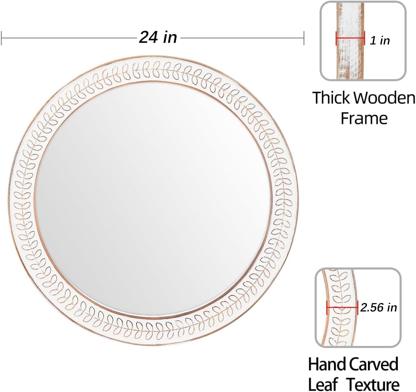 24 inch Round Rustic Wooden Mirrors, Distressed Circle Mirror for Bathroom, Bedroom, Living Room, Entryway, Fireplace, Hall