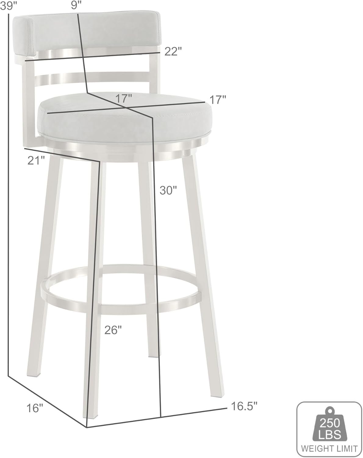 Armen Living Madrid 30" Seat Height Swivel Modern Vintage Gray Faux Leather and Gold Brushed Stainless Steel Bar Stool for Kitchen Island Counter