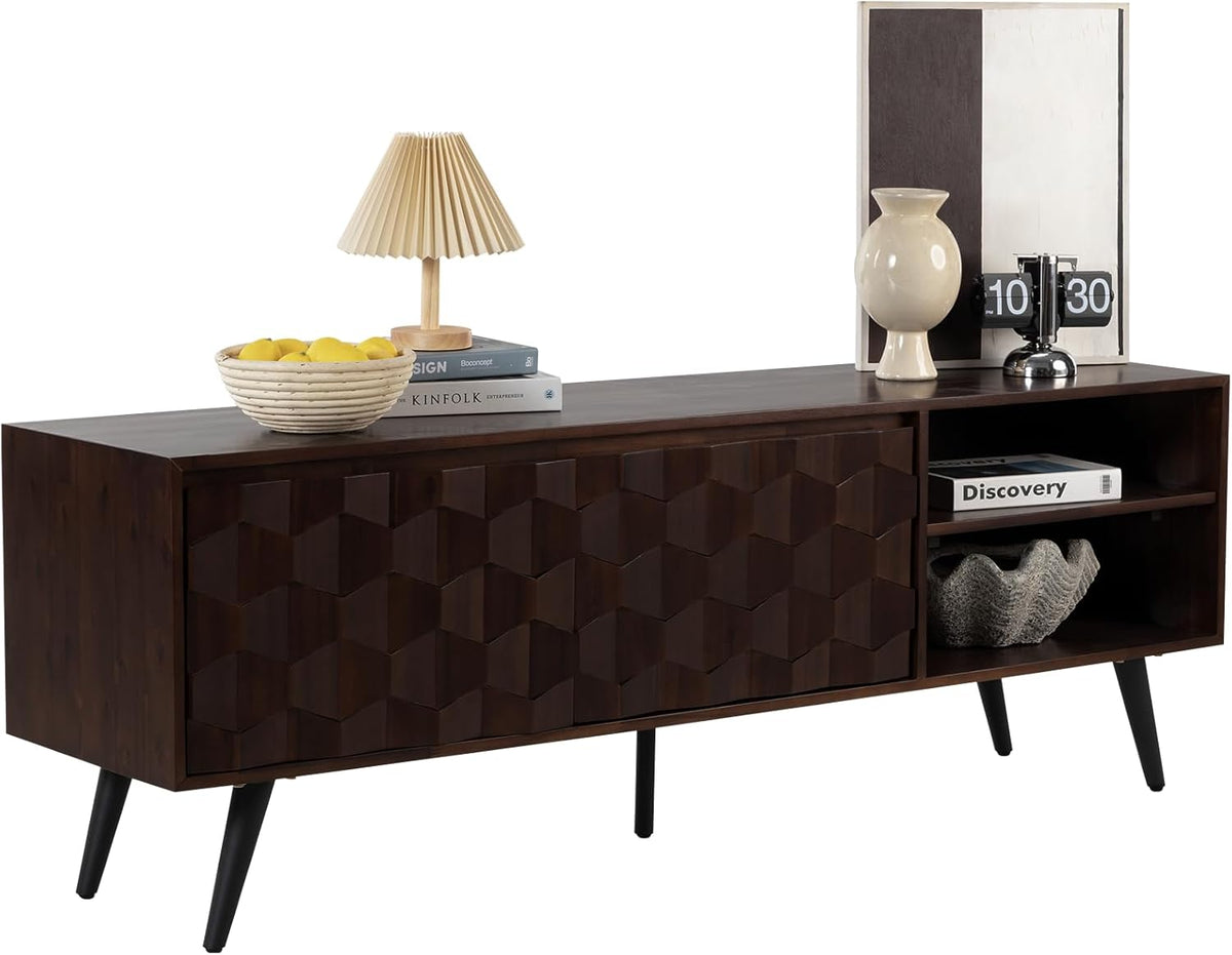 Bme Georgina 65 Inch Solid Wood TV Stand, Under 10 Minutes Assembly Entertainment Center with Storage, Geometric Pattern TV Console for Living Room, Bedroom, Dinning Room - Walnut