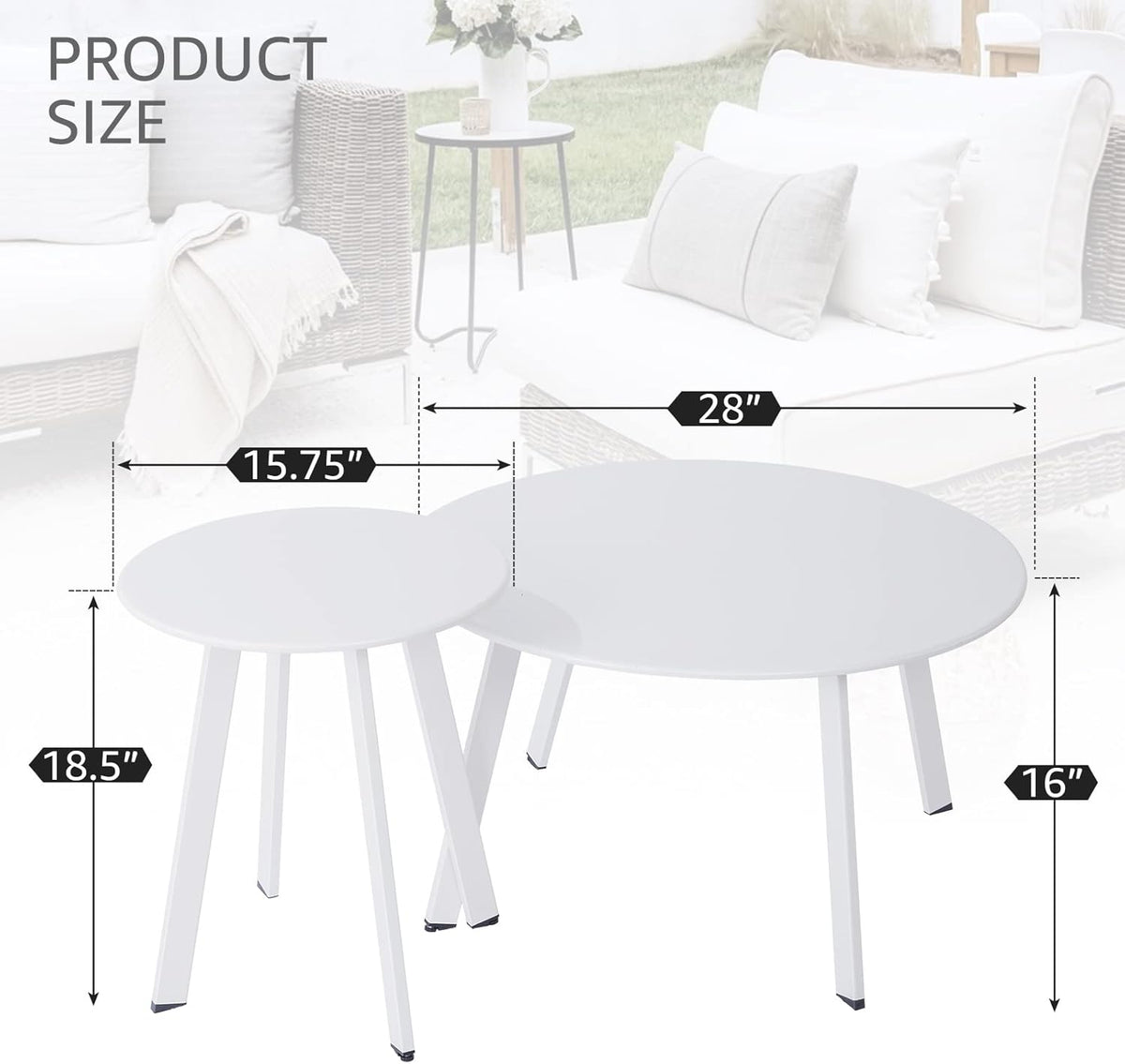 Patio Coffee Table Set of 2, Outdoor Weather Resistant End Table, Round Nesting Tables for Living Room Balcony Office, White