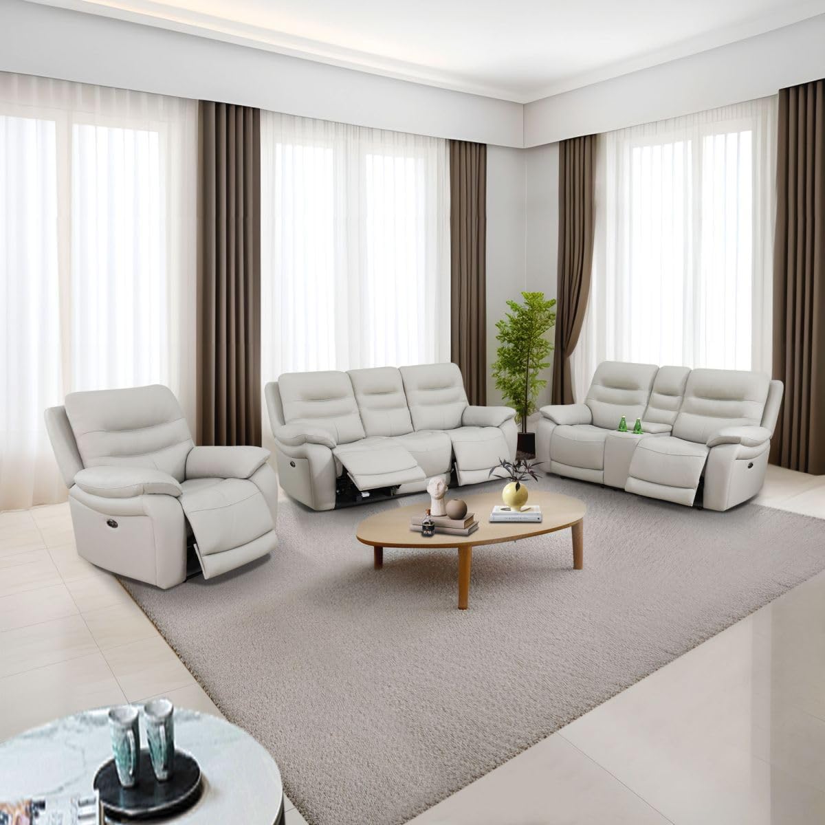 Electric Power Reclining Sofa Set, Genuine Breathing Leather Recliner Couch Set, Comfy Wide Lazy 3 Pieces Top Grain Leather Sofa with Built in USB Port for Living Room (Grey, 3-Piece)