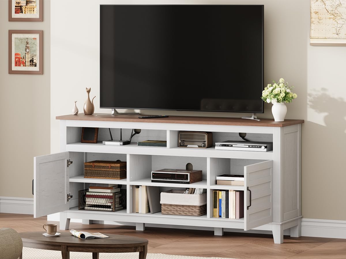 GarveeHome TV Stand for 63 in, Entertainment Center with Adjustable Shelves, Farmhouse TV Stand with Cabinet Doors,for Living Room, Bedroom (White, 63)