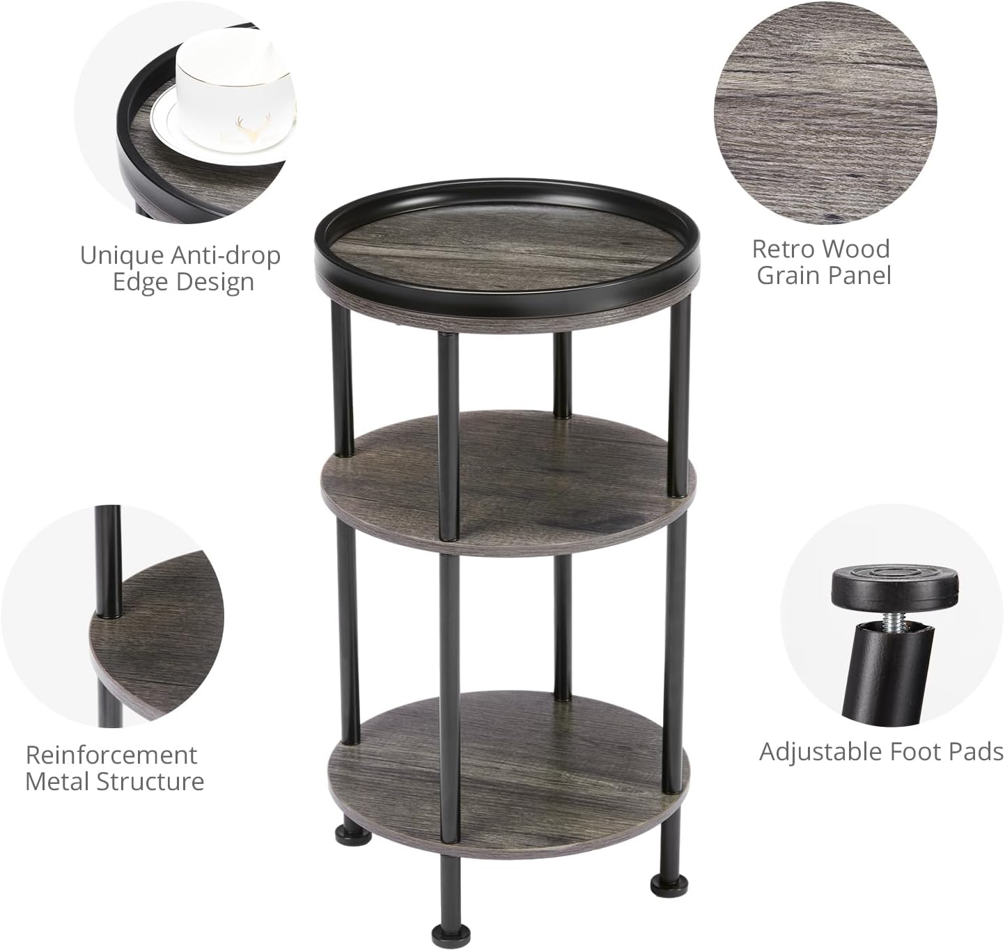 Small Round Side Table for Small Spaces, 3-Tier Round Accent Table Slim Side Table, Modern Sofa Corner Table for Living Room Nightstand Bedroom (Grey)