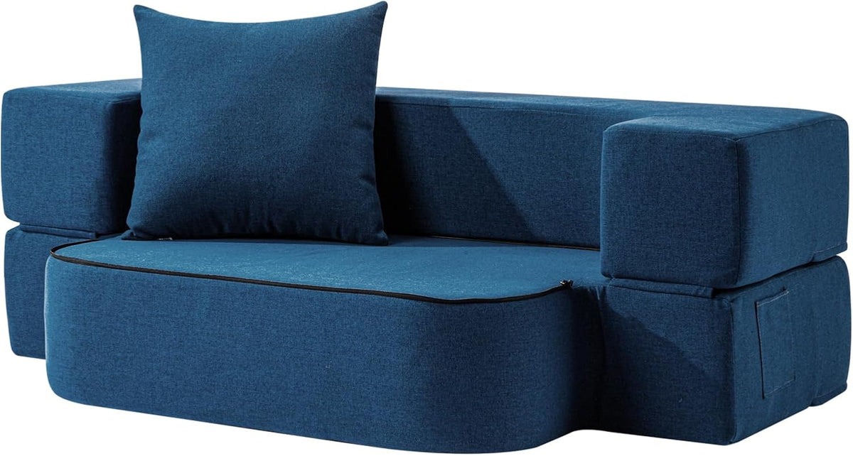 2-in-1 Folding Sofa Bed with Pillow - Folding Chair Floor Couch & Sleeping Mattress - Washable Cover & Memory Foam Sleeper Chair for Living Room/Guest Room/Apartment/Loft, Navy Blue