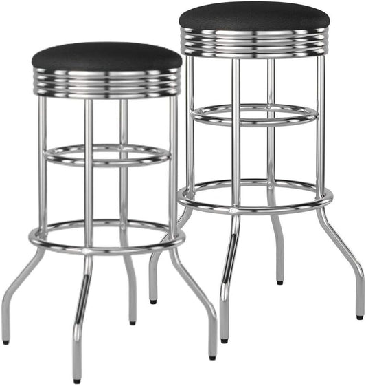 TRINITY Heavy Duty 30-Inch Backless Swivel Bar Stool for Kitchen, Garage, or Workshop, Chrome Finish with Faux Leather Seat, 2 Pack Pre-Assembled, Black