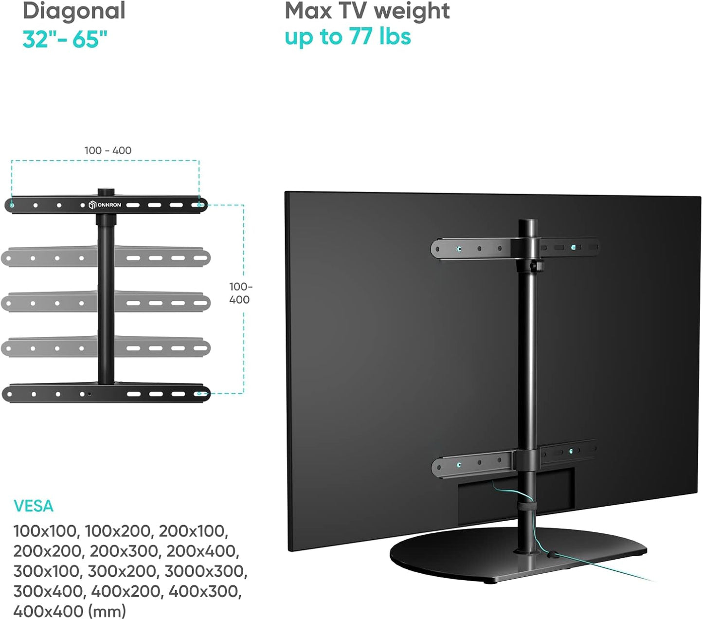 ONKRON Tabletop TV Stand for 32-65 Inch TVs up to 77 lbs, Height Adjustable TV Swivel Stand max VESA 400x400, Tabletop Universal TV Stand with Tempered Glass Base/Pedestal Television Stand Black