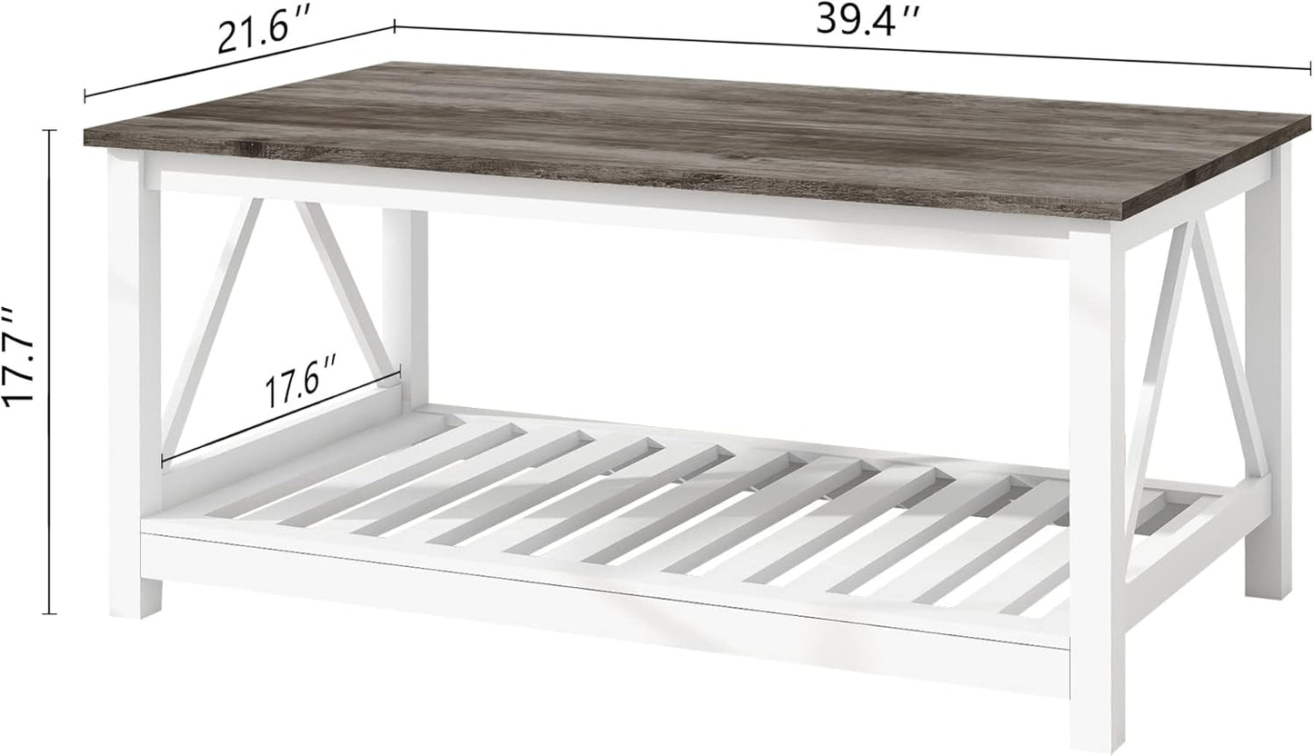 Farmhouse Coffee Table, White Oak Coffee Table for Living Room, 2-Tier Rectangular Wooden Centre Cocktail Table with Slats Shelf Storage and V-Shaped Frame Modern Coffee Oak Grey