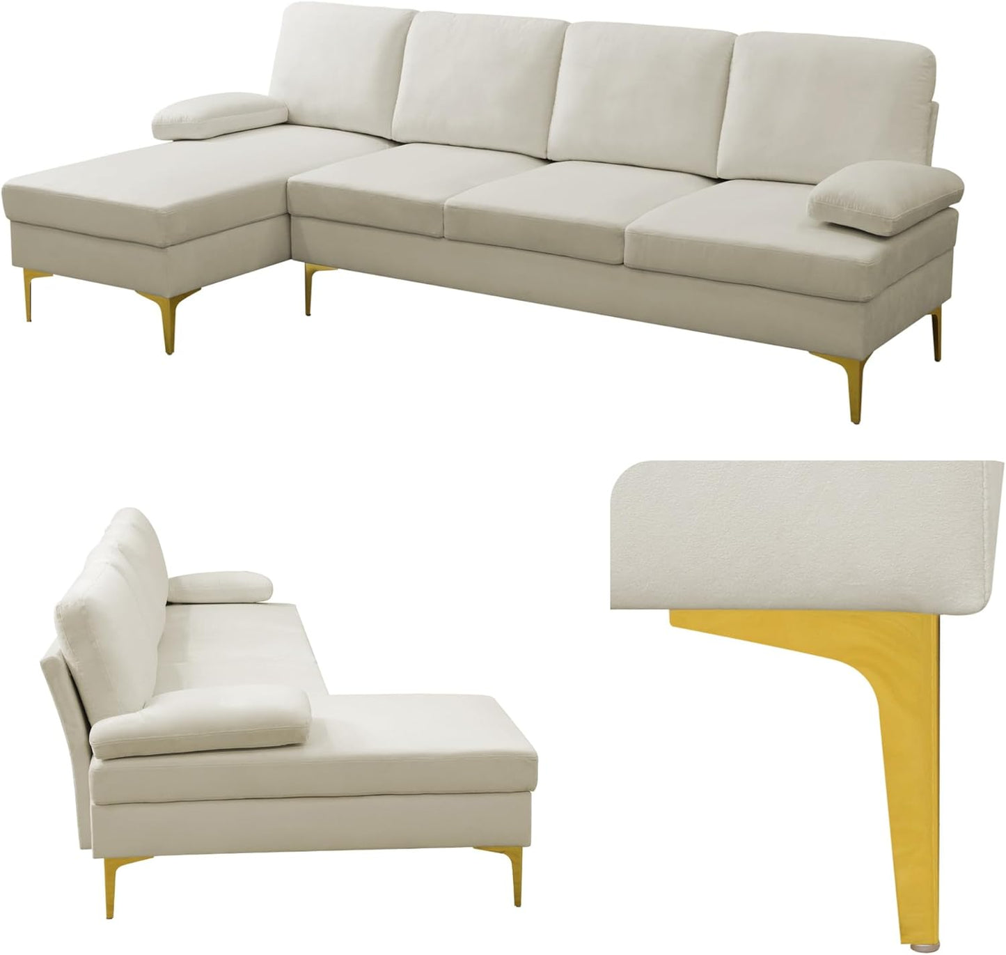 L Shape Sofa with Chaise, 4 Seat Living Room Sofa Set with Golden Wooden Leg, Sectional Couch with Fluffy Fabric, for Living Room, Apartment, Off-White
