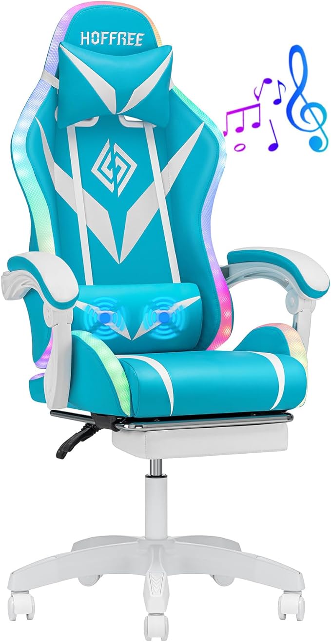 HOFFREE RGB Gaming Chair with Bluetooth Speakers and Massage (White+Blue)