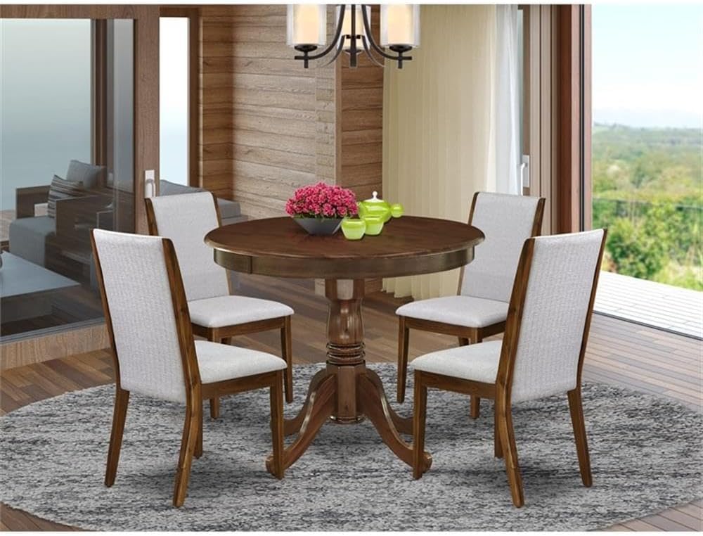East West Furniture ANLA5-AWA-05 5 Piece Dining Table Set for Small Spaces Contains a Round Kitchen Table with Pedestal and 4 Parson Chairs, 36x36 Inch, Antique Walnut