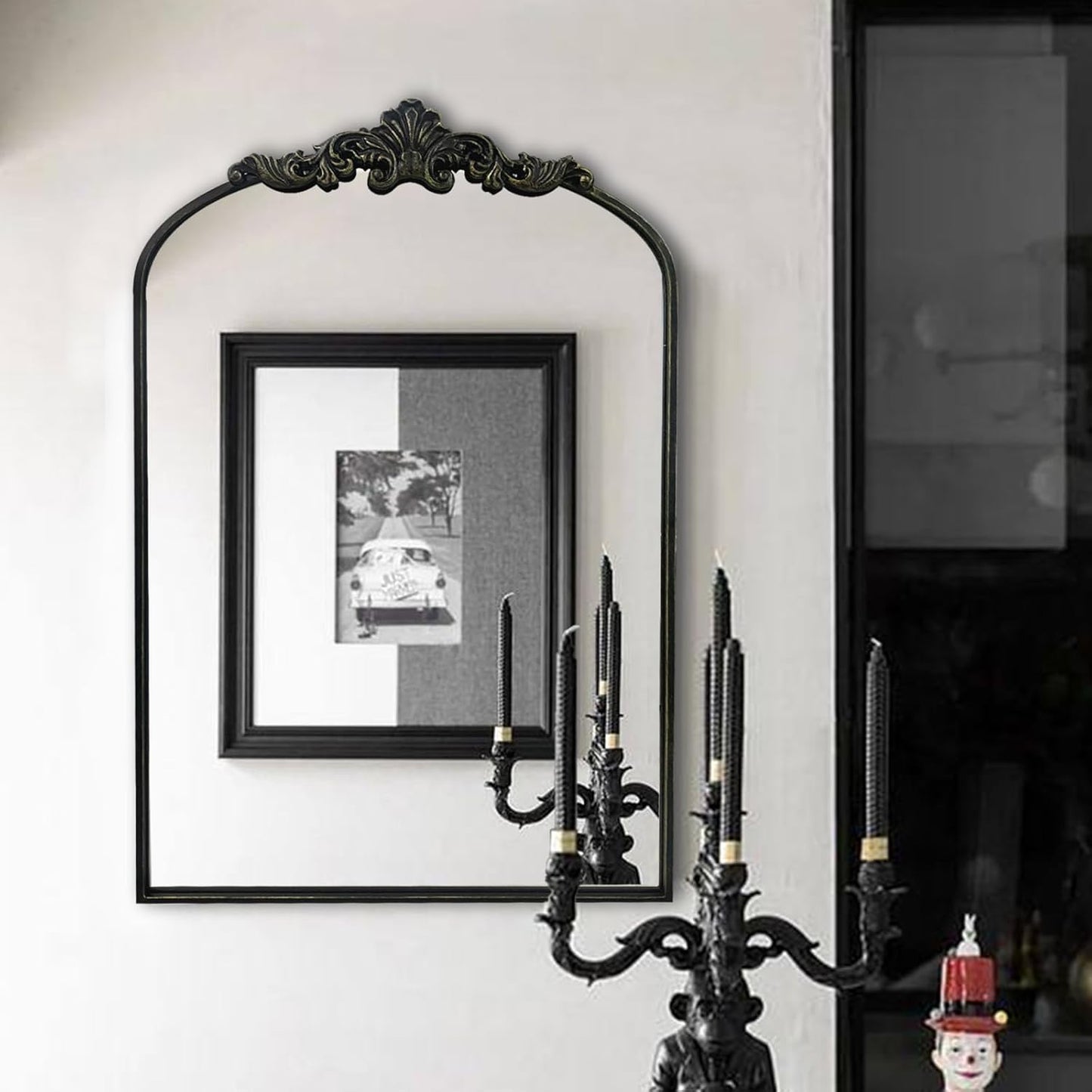 WAMIRRO Arched Mirror,Black Traditional Vintage Ornate Baroque Mirrors,Antique Brass Mirrors for Entryway/Fireplace/Living Room/Hallway/Bathroom.24“X36“ Black