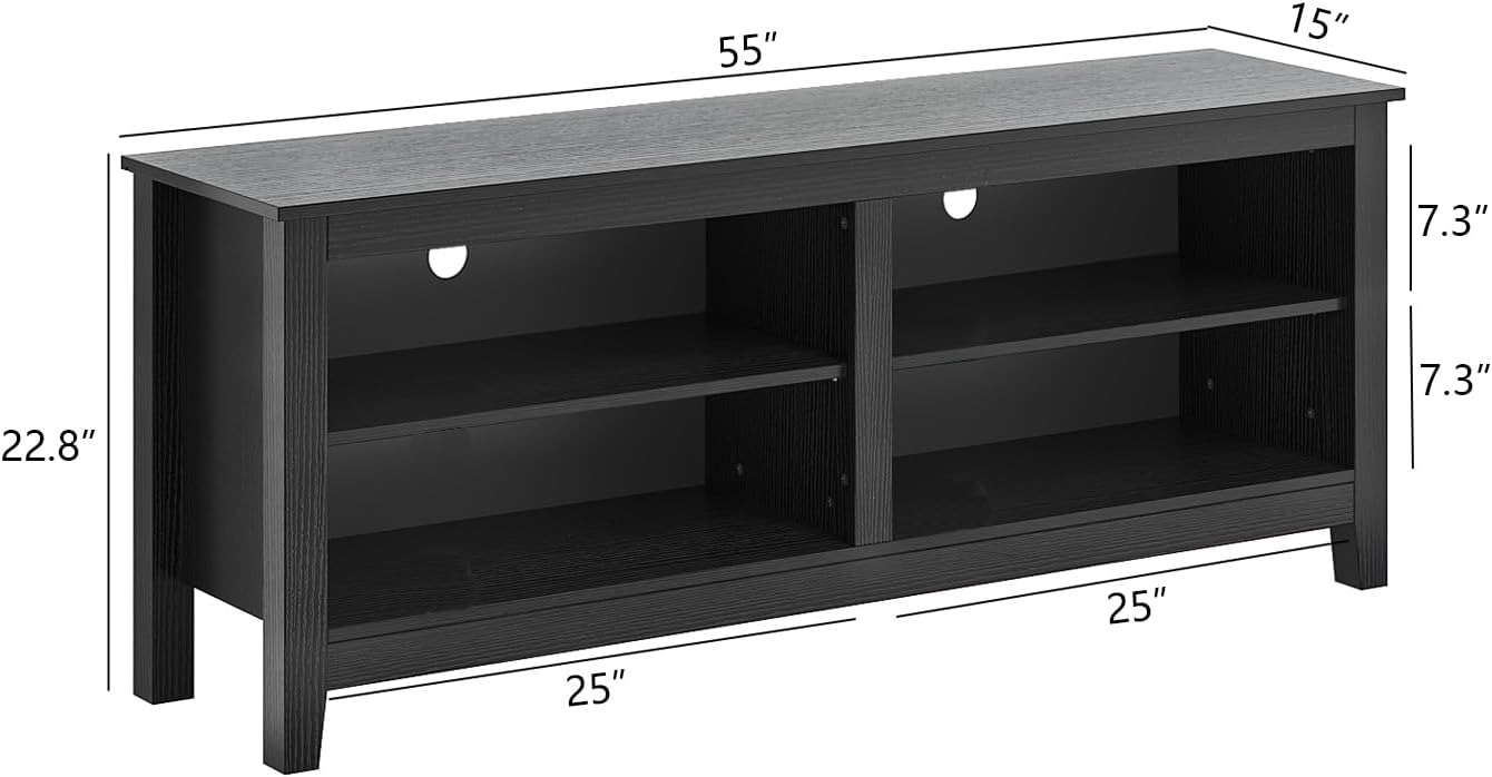 TV Stand for 65 inch TV with Storage,Modern TV Entertainment Center for Bedroom,TV Media Console Table with 4 Open Storage Shelve,55 inch Wood TV Cabinet Black
