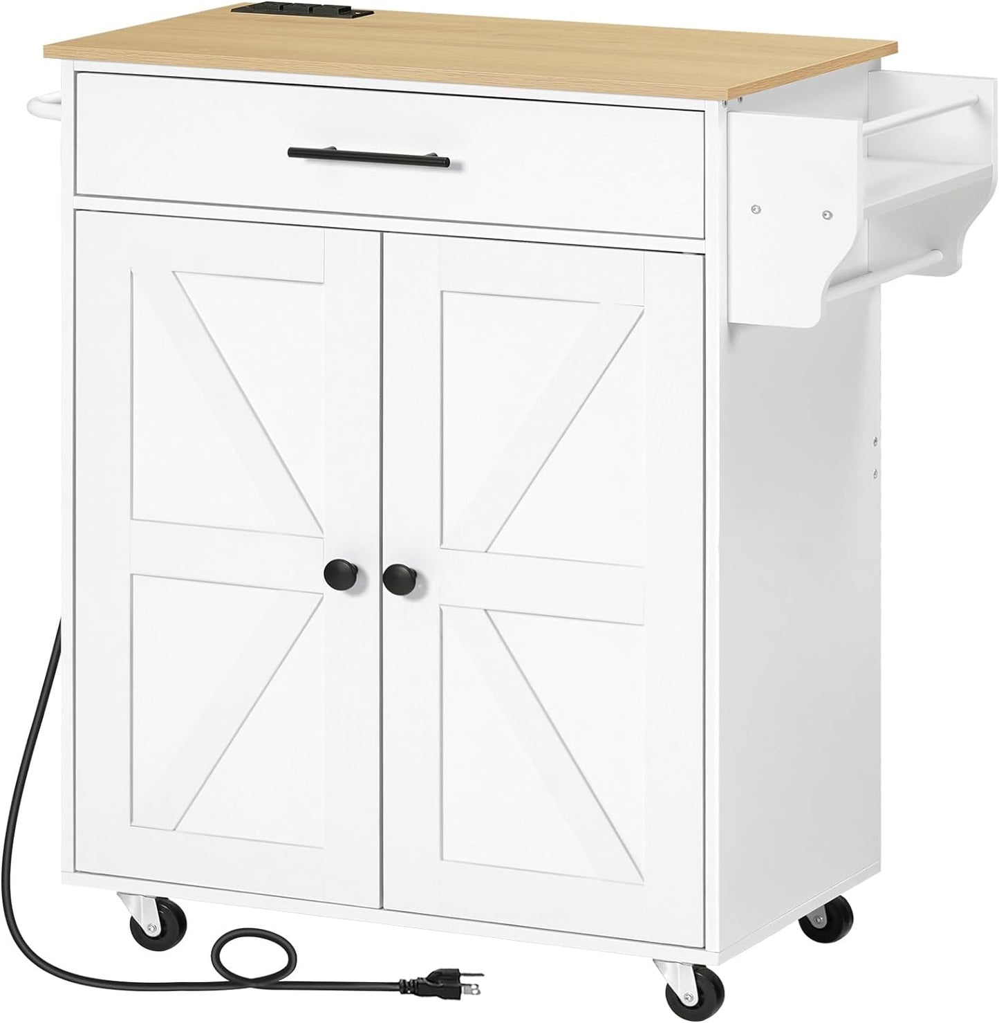 HOOBRO Kitchen Island with Power Outlet, Kitchen Storage Island with Large Worktop, Spice Rack and Drawer, Rolling Island on Wheels, for Dining Room, White and Natural