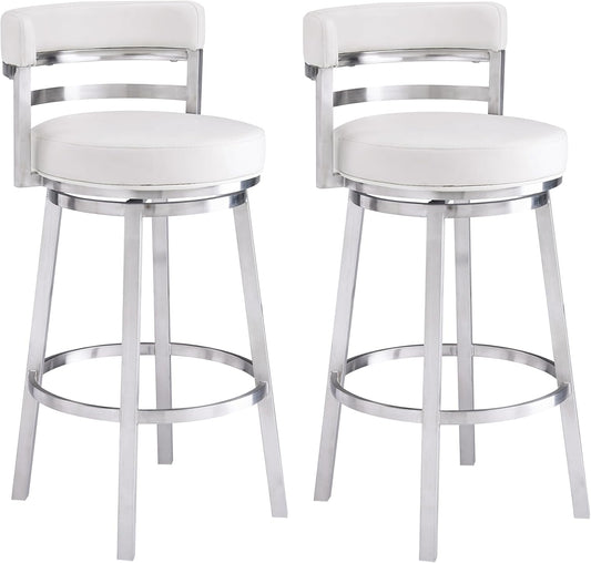 Armen Living Madrid 26" Seat Height Swivel White Faux Leather and Brushed Stainless Steel Bar Stool for Kitchen Island Counter, Set of 2