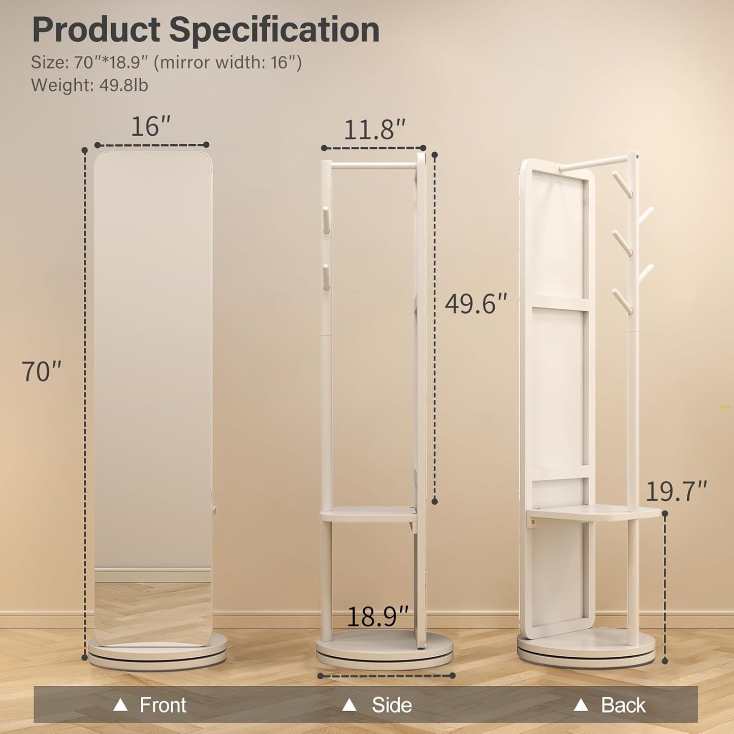 70"x16"Full Length Mirror with Stand,Coat Rack with Mirror,Solid Wood Floor Mirror,Swivel Mirrorfor Bedroom, Living Room, Cloakroom