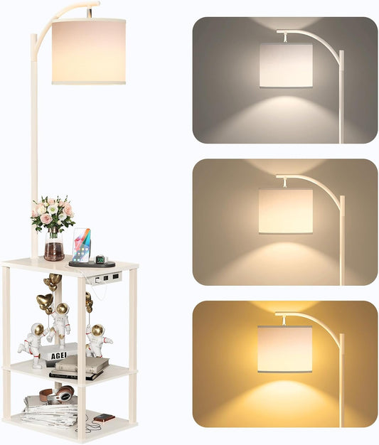 SUNMORY Floor Lamp with Table, End Table for Living Room with Lamp, Shelves Side Table with Charging Station(USB & AC Port), 3 Color Temperature LED Bulb, Modern Nightstand Lamp for Bedroom, Office
