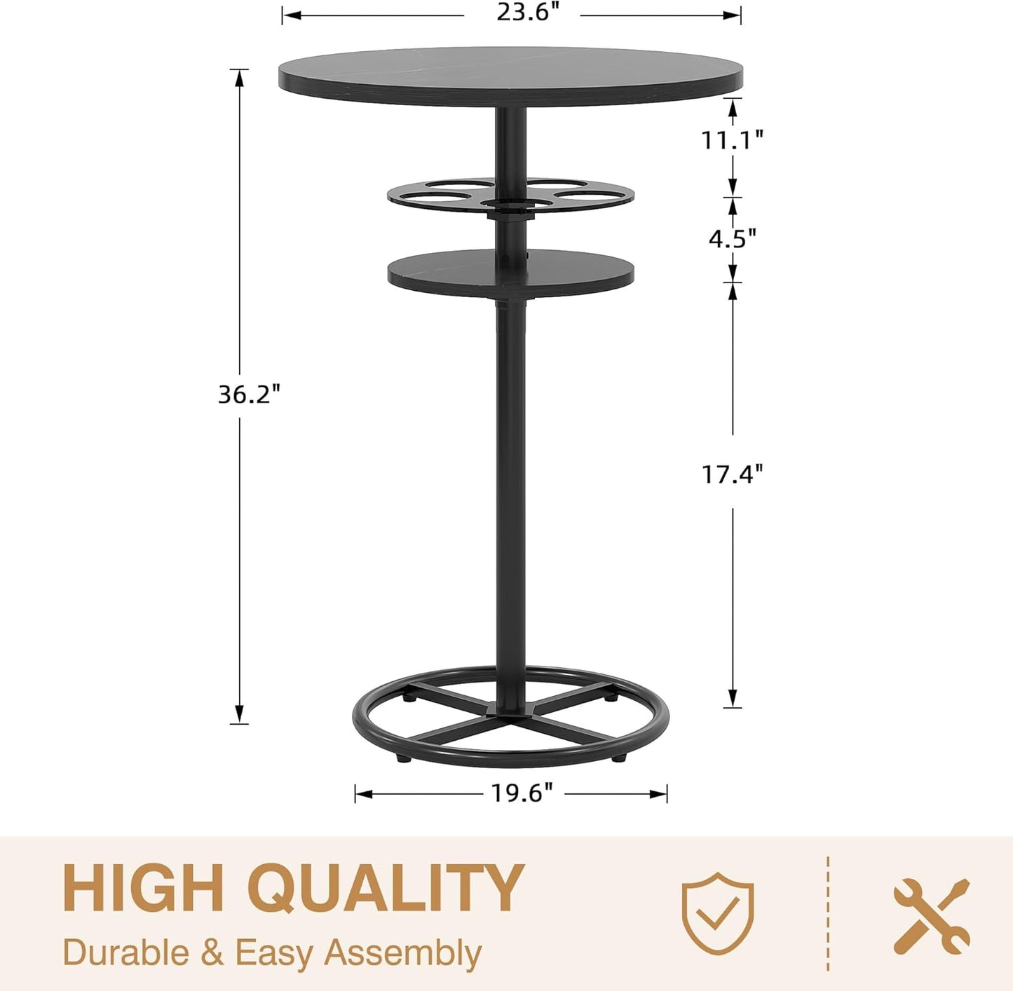 VECELO 36” High Top Bar Table, Sturdy Frame with Metal Base for Cocktail, Pub, Easy Assembly, Marble Black