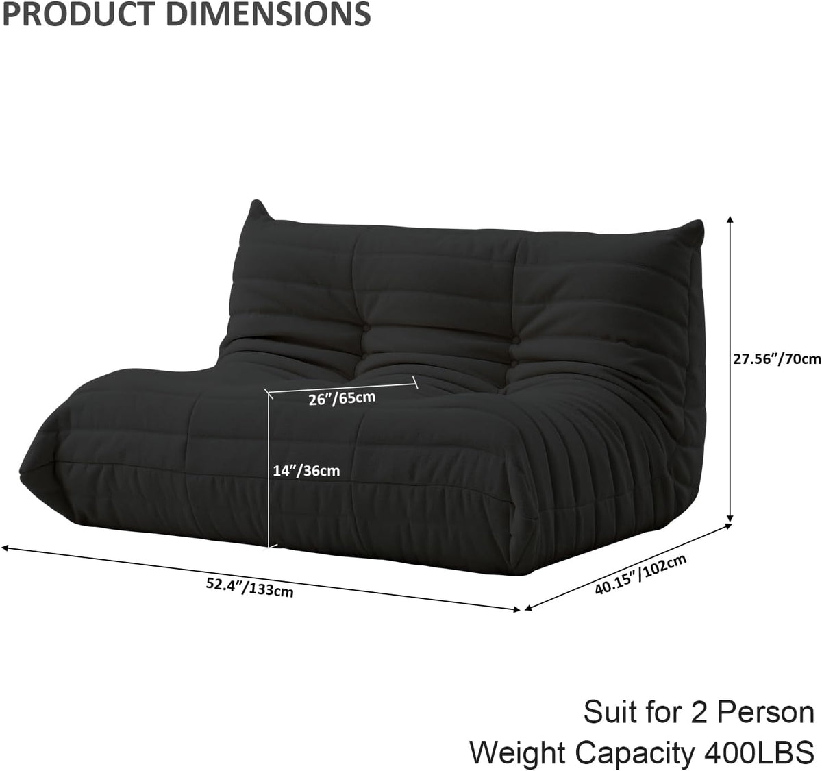 Luxury Sofa Couch Chair, Lazy Floor Seating, Fireside Bean Bag Chair, Ergonomic Tatami Sofa Lounger for Living Room, Bedroom, Office, Loveseat, Black