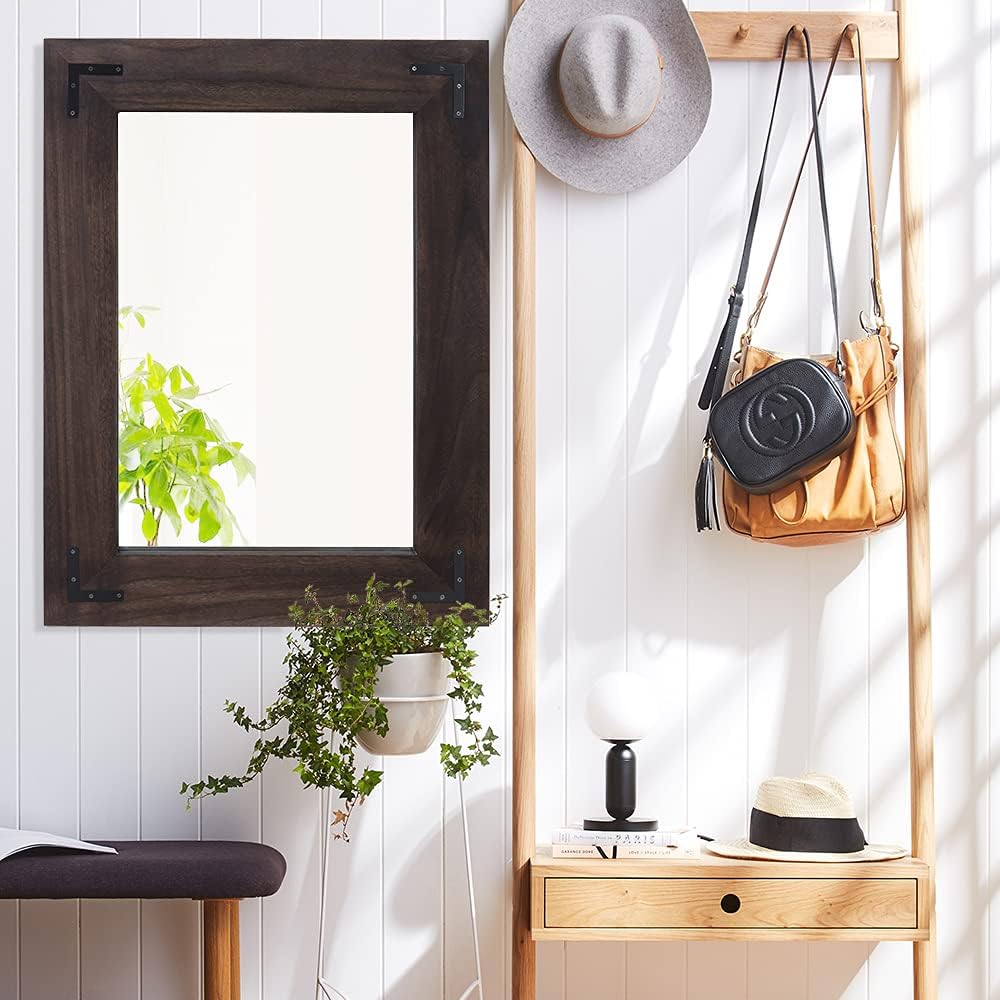 YOSHOOT Rustic Wooden Framed Wall Mirror, Natural Wood Bathroom Vanity Mirror for Farmhouse Decor, Vertical or Horizontal Hanging