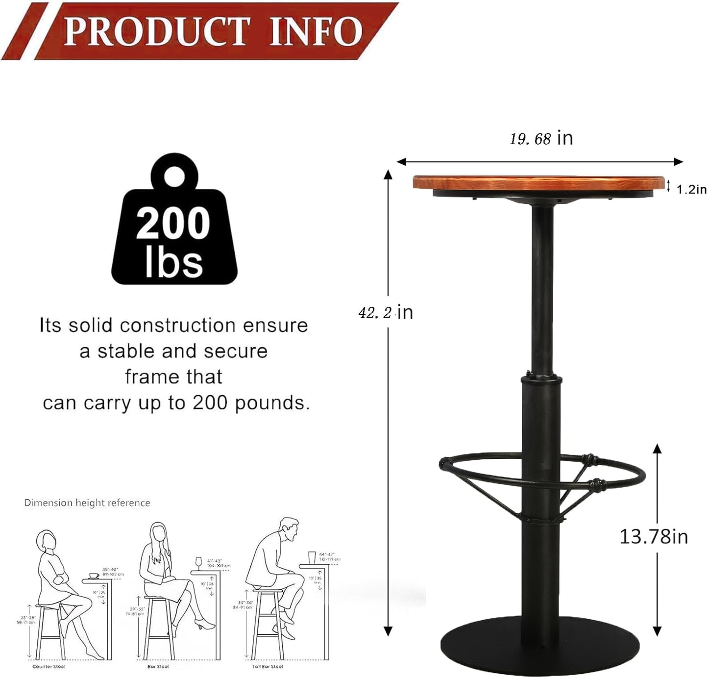 Vintage Industrial Bar Table 42" H, Round Wooden Top Metal Bar Standing Pub Table Kitchen Dining Coffee Bistro Table
