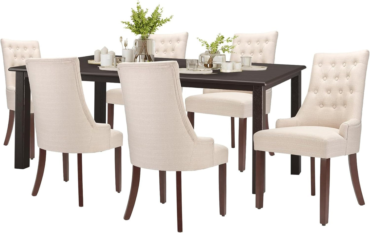 COLAMY 7-Piece Dining Table Set for 6, 60" Rectangular Kitchen Wood Table with 6 Wingback Dining Room Chairs, Brown/Beige