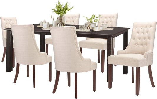 COLAMY 7-Piece Dining Table Set for 6, 60" Rectangular Kitchen Wood Table with 6 Wingback Dining Room Chairs, Brown/Beige