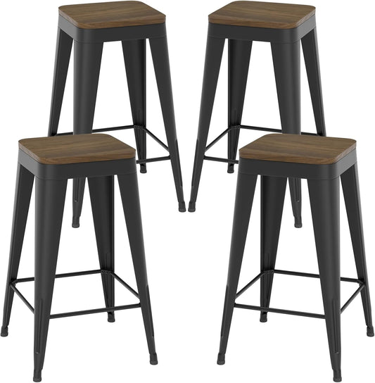 30 inch Backless Bar Stools Set of 4, Indoor Metal Bar Stools with Wood Seat, Industrial Counter Height Barstools for Kitchen Island, Black