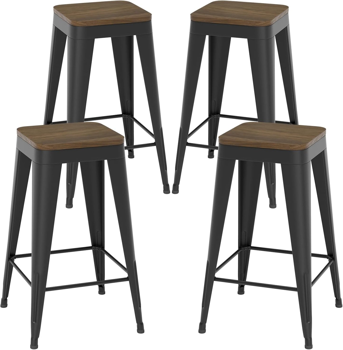 26 inch Backless Bar Stools Set of 4, Indoor Metal Bar Stools with Wood Seat, Industrial Counter Height Barstools for Kitchen Island, Black