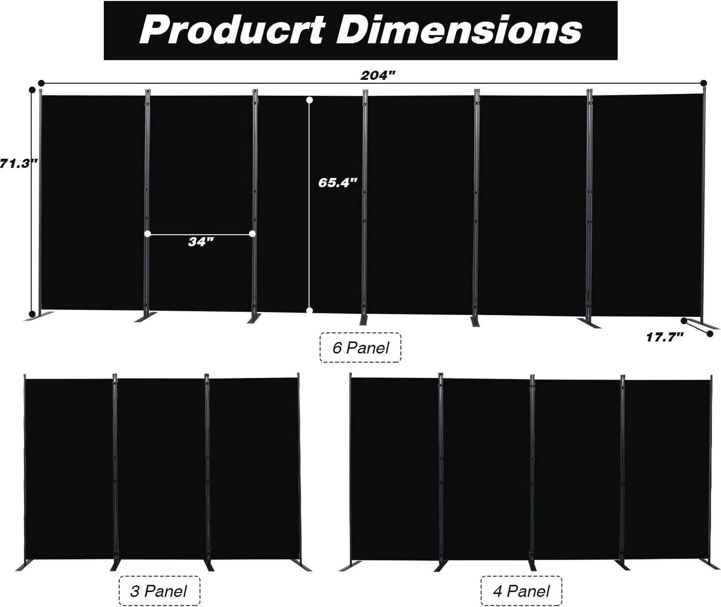 Room Divider, 6 Panel Folding Privacy Screens with Wider Support Feet, 6 Ft Portable Room Partition for Room Separator, 204" W X 71" H, Black