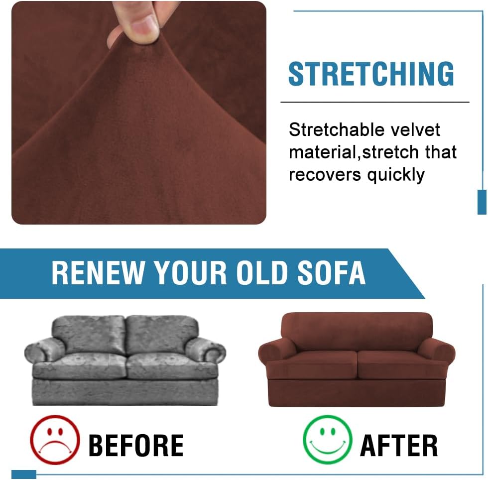 H.VERSAILTEX Sofa Cover 3 Piece T Cushion Loveseat Slipcovers Thick Velvet Couch Cover Stretch T Cushion Sofa Covers for 2 Cushion Couch with 2 Individual T Cushion Covers, Burnt Brick