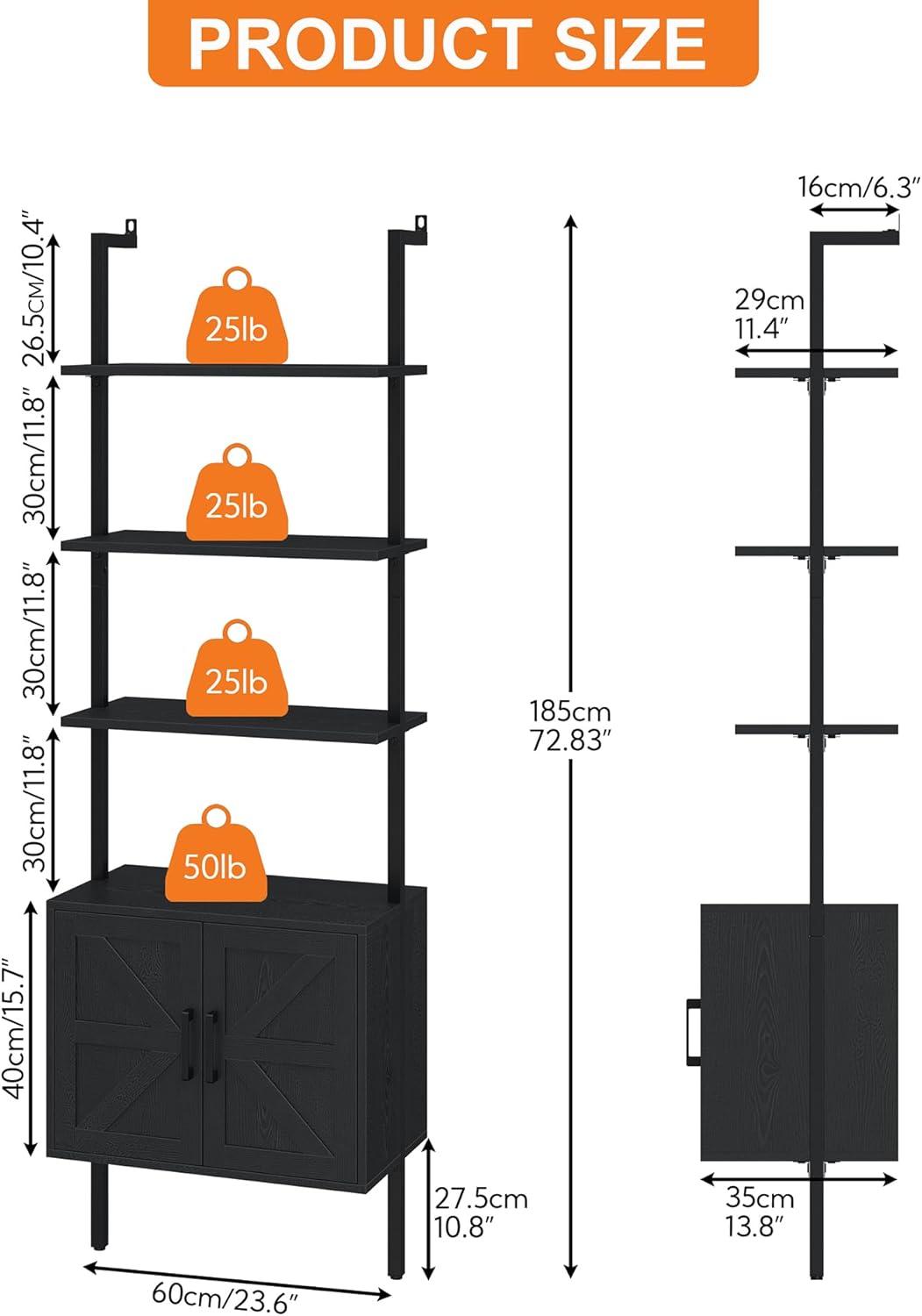 Yusong 73" Tall Bookshelf with Cabinet, Industrial Ladder Wall Mount Shelf Farmhouse Bookcase with Wood and Metal Frame, Plant Shelf Wall Storage Display for Living Room Bedroom, Farmhouse Black