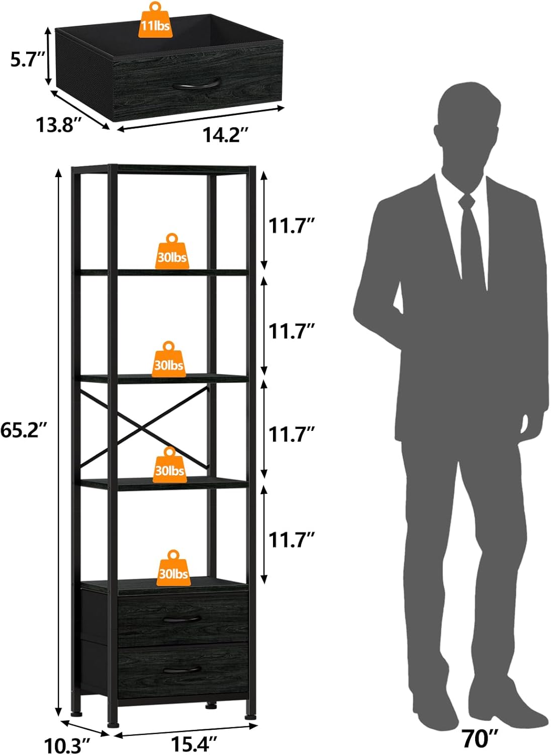 Furnulem 5-Tier Corner Shelf, Narrow Bookshelf with 2 Storage Drawers, 65.16" Tall Bookcase, Standing Shelf Organizer Unit for Living Room, Bedroom, Metal Frame, Wood Display Shelf(Black Oak)