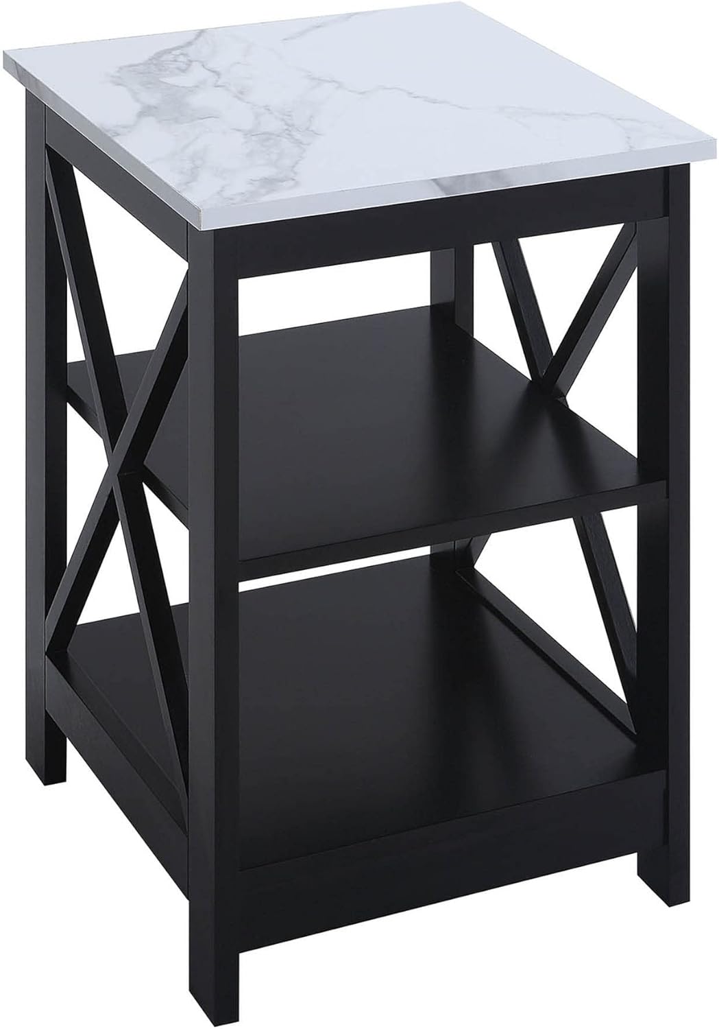 Convenience Concepts Oxford End Table 15.75" - Modern Living Room Table with Storage Shelves, Transitional Nightstand Side Table for Home Decor and Display, White Faux Marble/Black