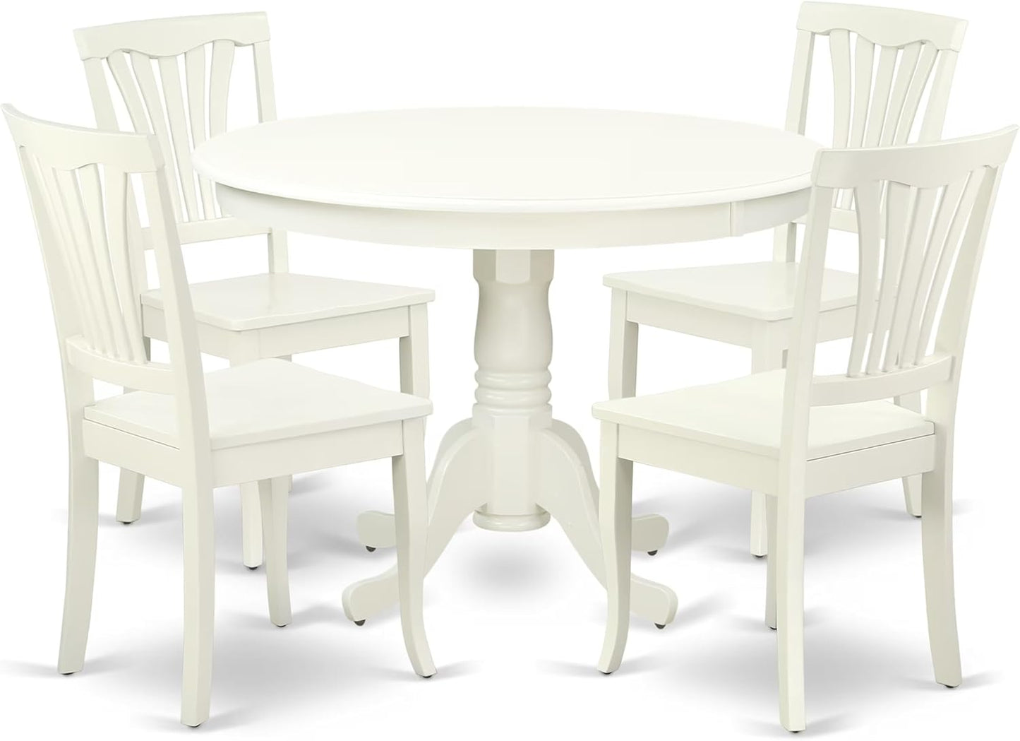 East West Furniture HLAV5-LWH-W 5 Piece Kitchen Table Set for 4 Includes a Round Dining Room Table with Pedestal and 4 Solid Wood Seat Chairs, 42x42 Inch, Linen White