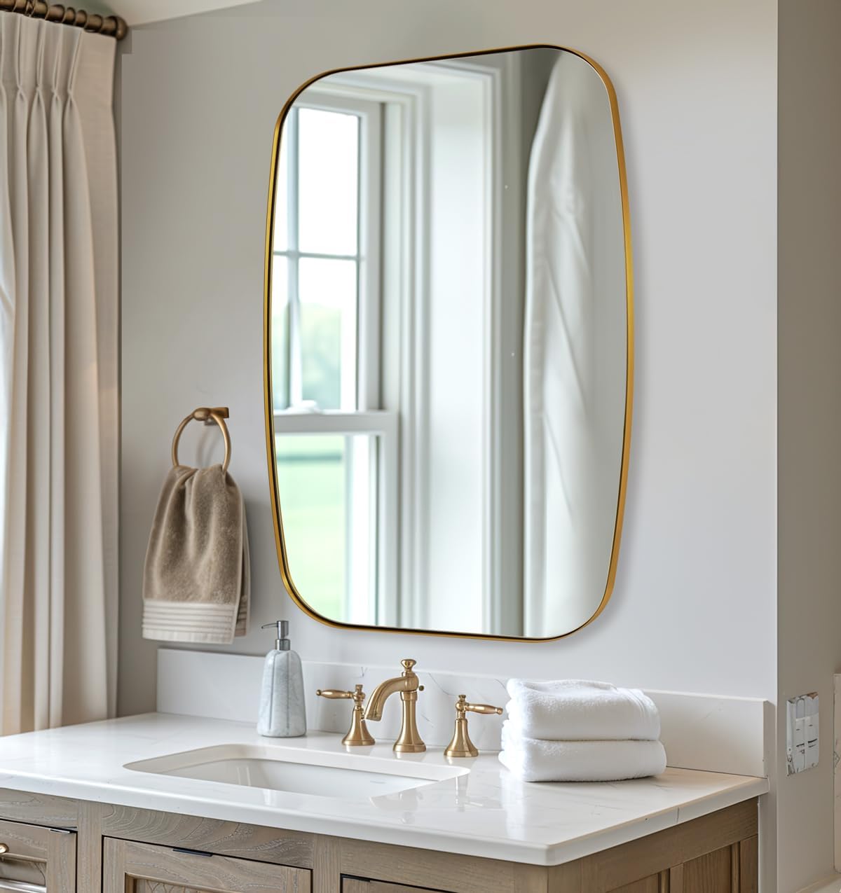 ANDY STAR Gold Oblong Mirror, 32x40 Inch Gold Oval Mirror for Bathroom with Stainless Steel Metal Frame, Wall Mouned for Bathroom, Living Room, Entryway