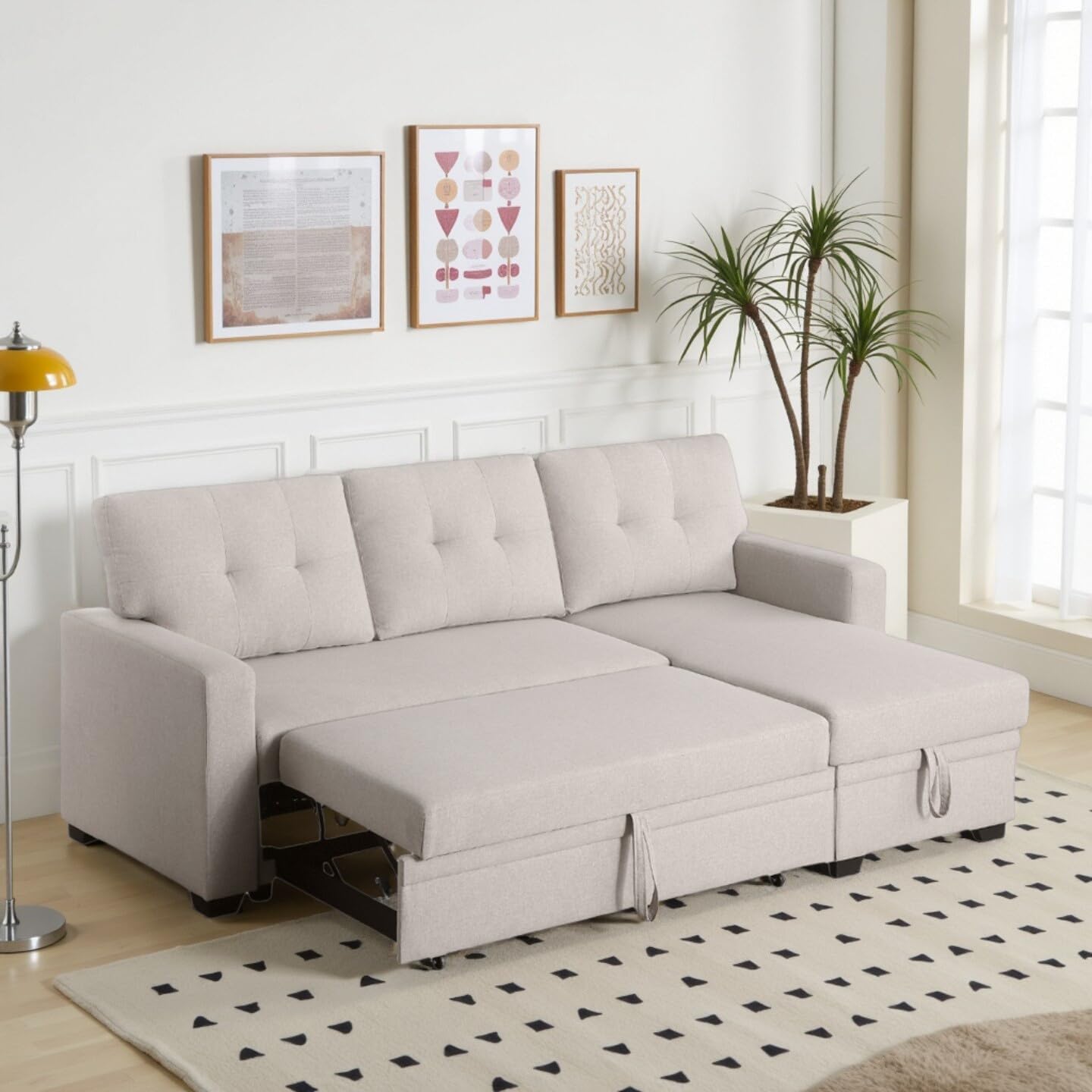 L-Shape Sofa Bed, 82" Sectional Couch with Storage Chaise, Pull Out Sleeper Sofa with Removable Back Cushions, Convertible Corner Couch for Living Room Apartment, Beige