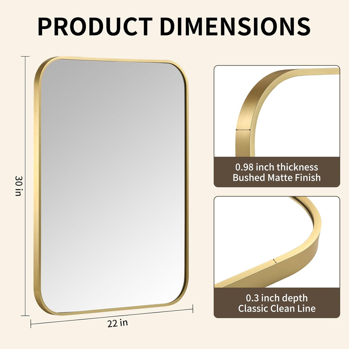 Gold Bathroom Mirror, 24x32 Inch Aluminum Frame Rectangle Mirror, Anti-Rust, Tempered Glass, Wall Mirror for Over Sink, Vanity, Bedroom, Entryway, Horizontal/Vertical