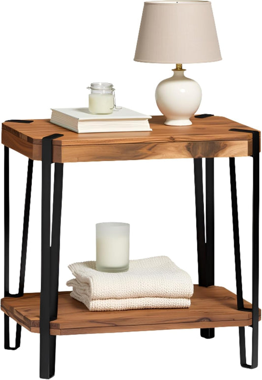 Ryegate Live Edge End Table with Storage – 2-Tier Solid Acacia Wood Side Table with Metal Frame and Lower Shelf – Industrial Accent Table for Living Room or Bedroom by Alaterre Furniture