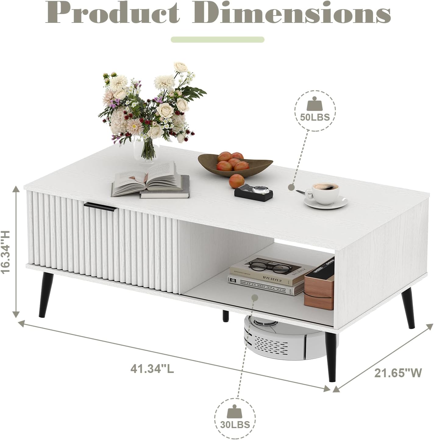 41.34''D Coffee Table, 2-Tiers Farmhouse Coffee Tables With Storage and Sliding Wave Pattern Door, Modren Tea Table, Wooden Dining Center Tables for Living Room, Office, Bedroom, Outdoors, White