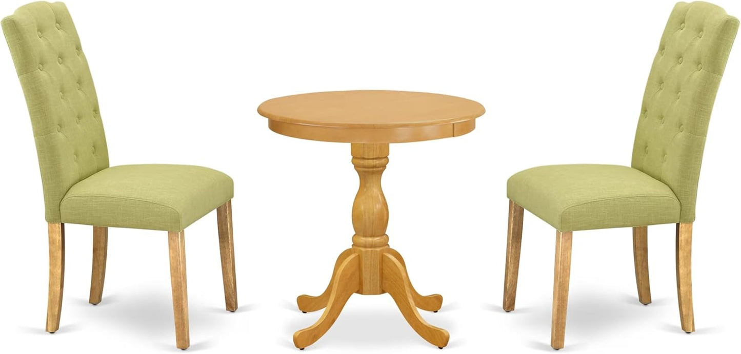 East West Furniture ESCE3-OAK-07 3 Piece Dinette Set for Small Spaces Contains a Round Dining Table with Pedestal and 2 Limelight Linen Fabric Upholstered Chairs, 30x30 Inch, Oak