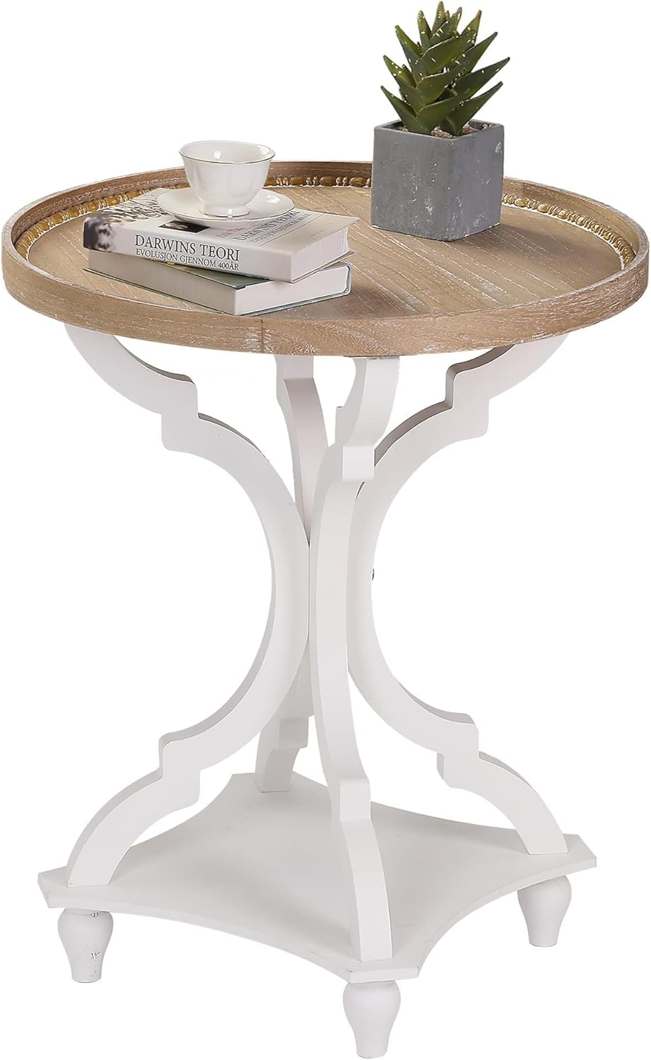 Wnutrees Farmhouse Round Accent End Table, Rustic Side Table Nightstands for Living Room, Wood Tray Top, Handcrafted Finish, White
