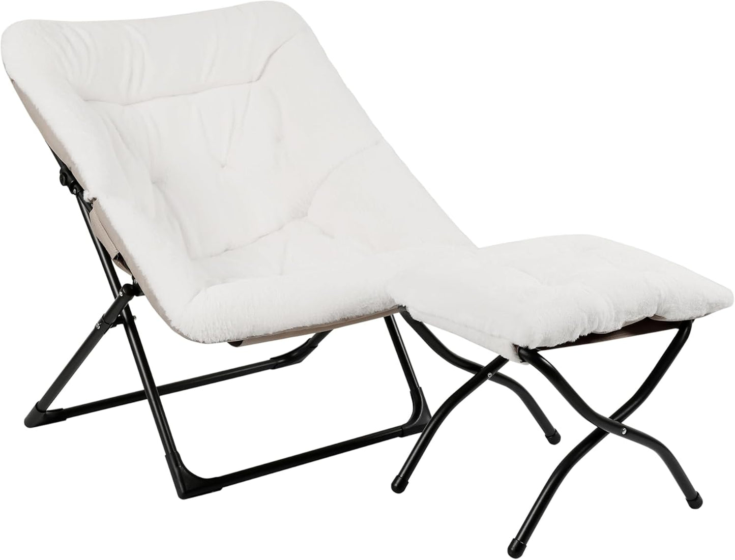 Comfy Saucer Chair for Adults, Soft Faux Fur Bedroom Chair with Ottoman, Accent Dorm Chairs, Living Room Reading Chairs and Footstool, Folding Lounge Seat for Teens, X-Large, White