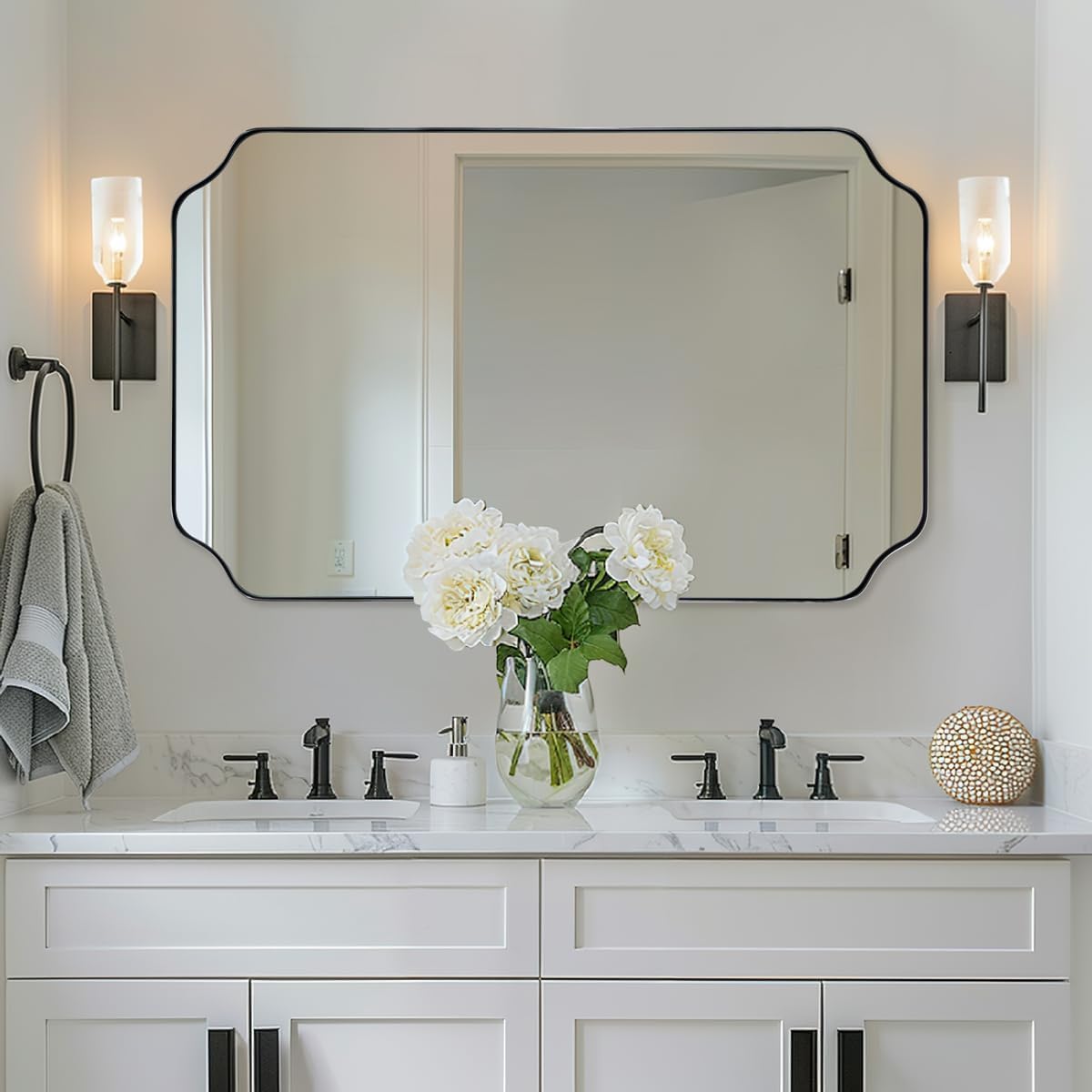 ANDY STAR Matte Black Mirror 24x40 Inch, Scalloped Mirror for Bathroom, Unique Rectangular Bathroom Mirror in Premium Stainless Steel Metal Frame 1’’ Deep, Hangs Vertically/Horizontally