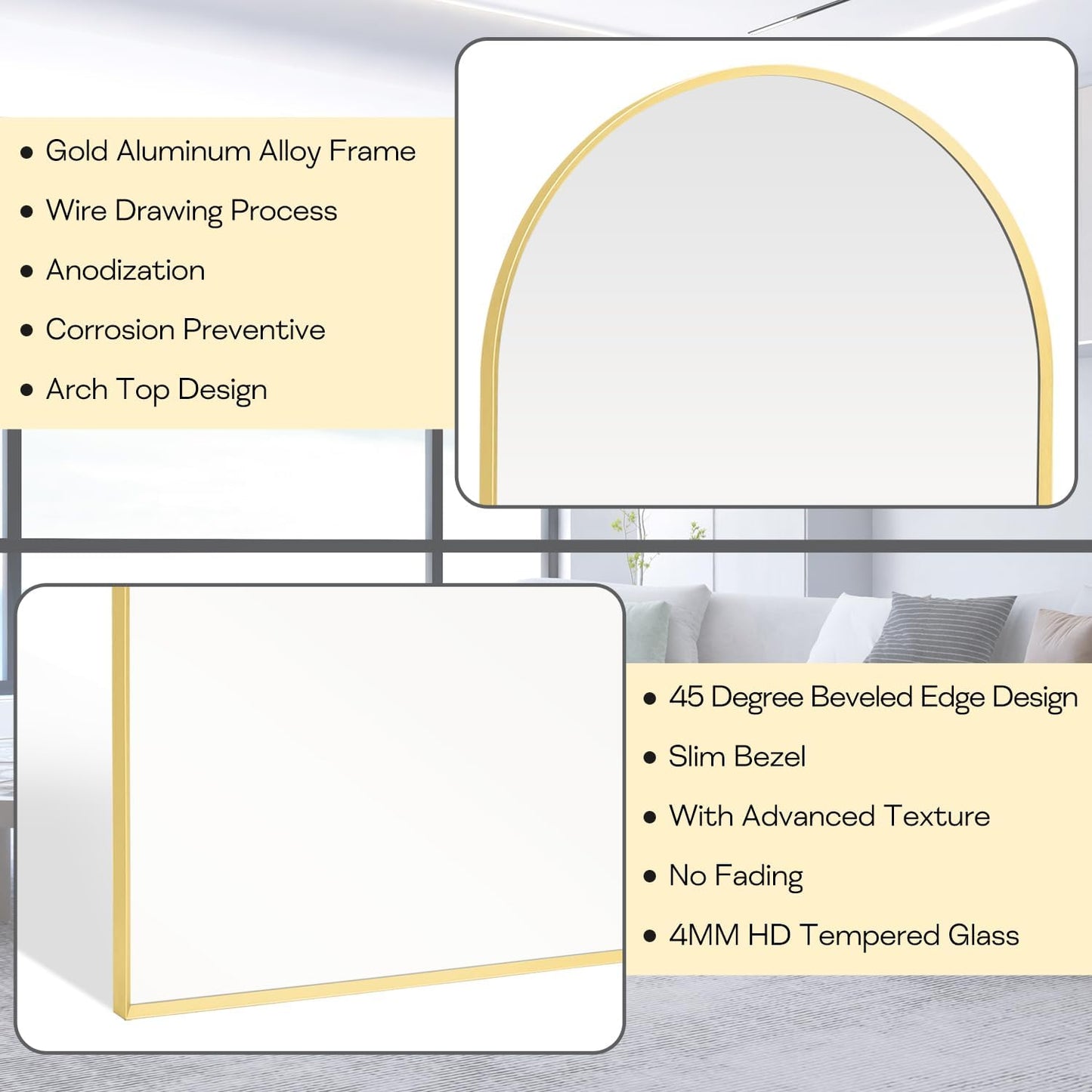 Arched Wall Mirror for Bathroom, 24"x36" Gold Mordern Metal Frame for Entryway Living Room Bedroom Wall Decor