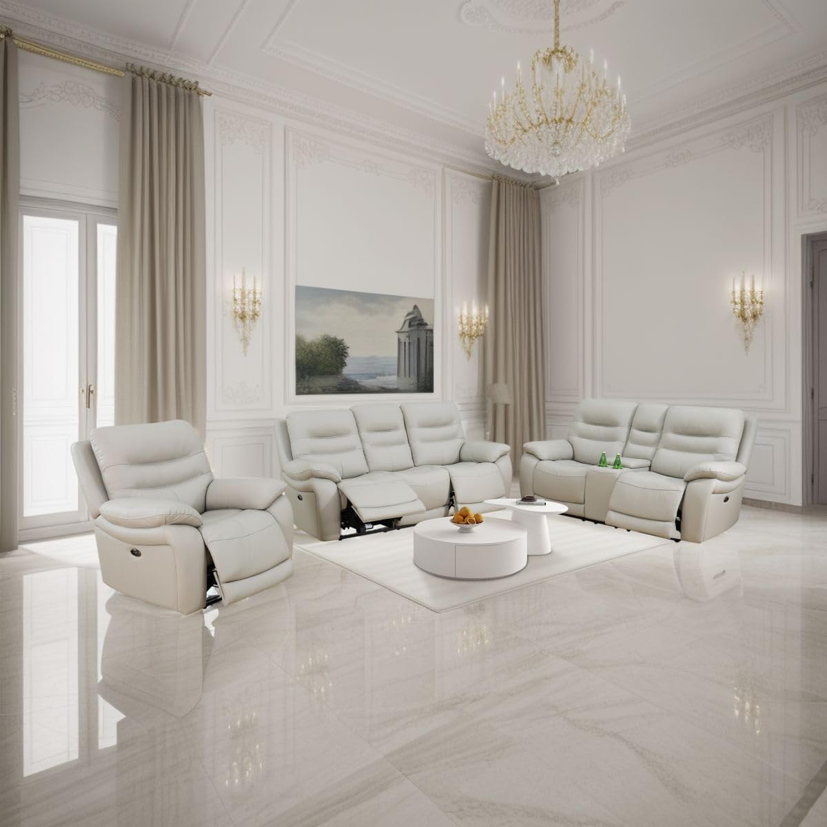 Electric Power Reclining Sofa Set, Genuine Breathing Leather Recliner Couch Set, Comfy Wide Lazy 3 Pieces Top Grain Leather Sofa with Built in USB Port for Living Room (Grey, 3-Piece)