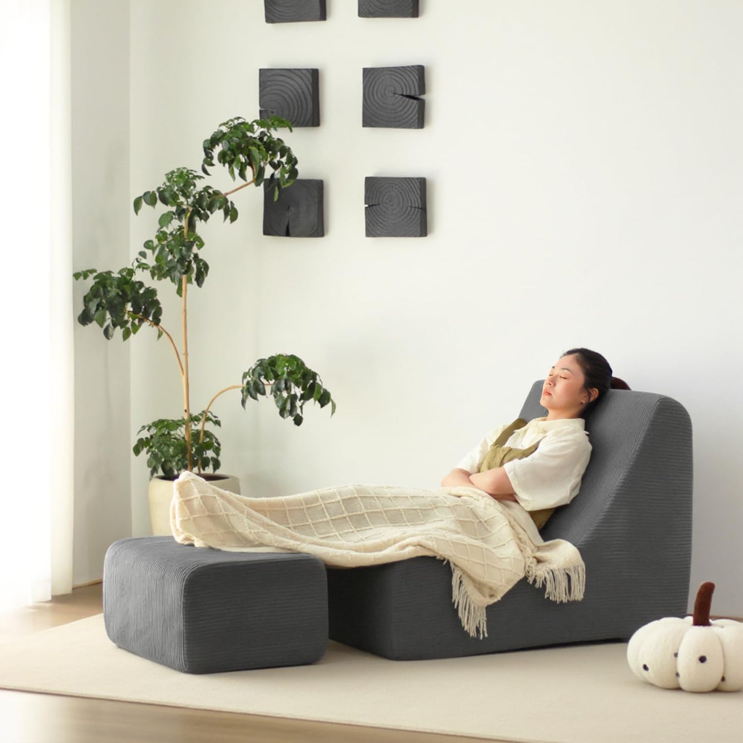 N&V Bean Bag Chair Single Seated Foam Sofa Armless Floor Sofa with High Density Foam Removable and Machine Washable Cover (Grey, Large, Corduroy Stripes)