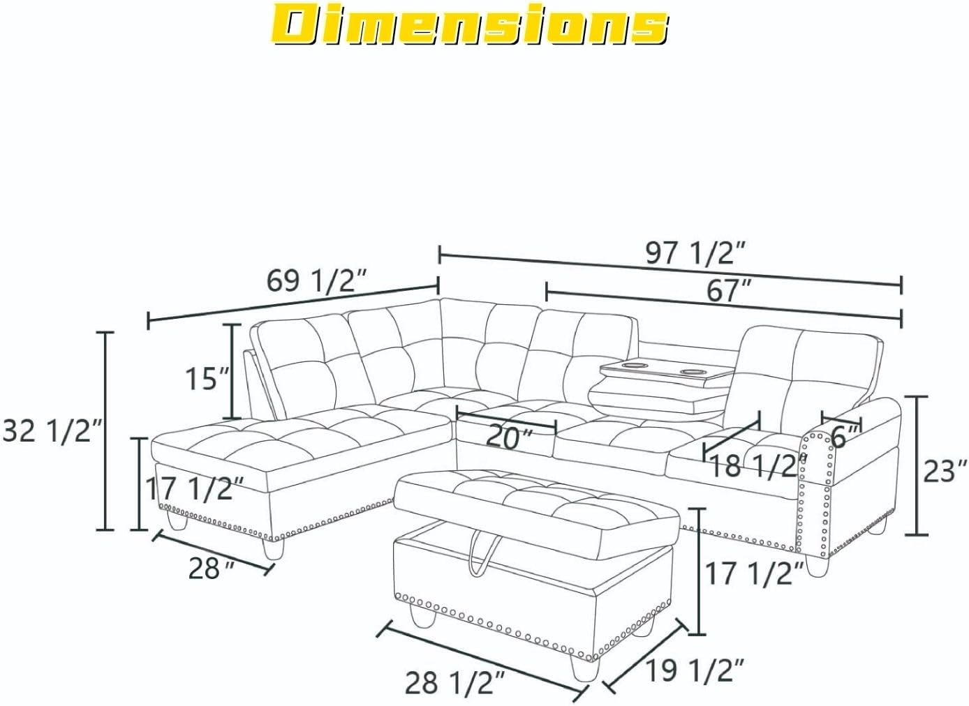 L Shaped Sectional Couch with Otttoman, 97" Sectional Sofa for Living Room Flannel Modular Couches with Cup Holders for Bedroom, Apartments, Brown
